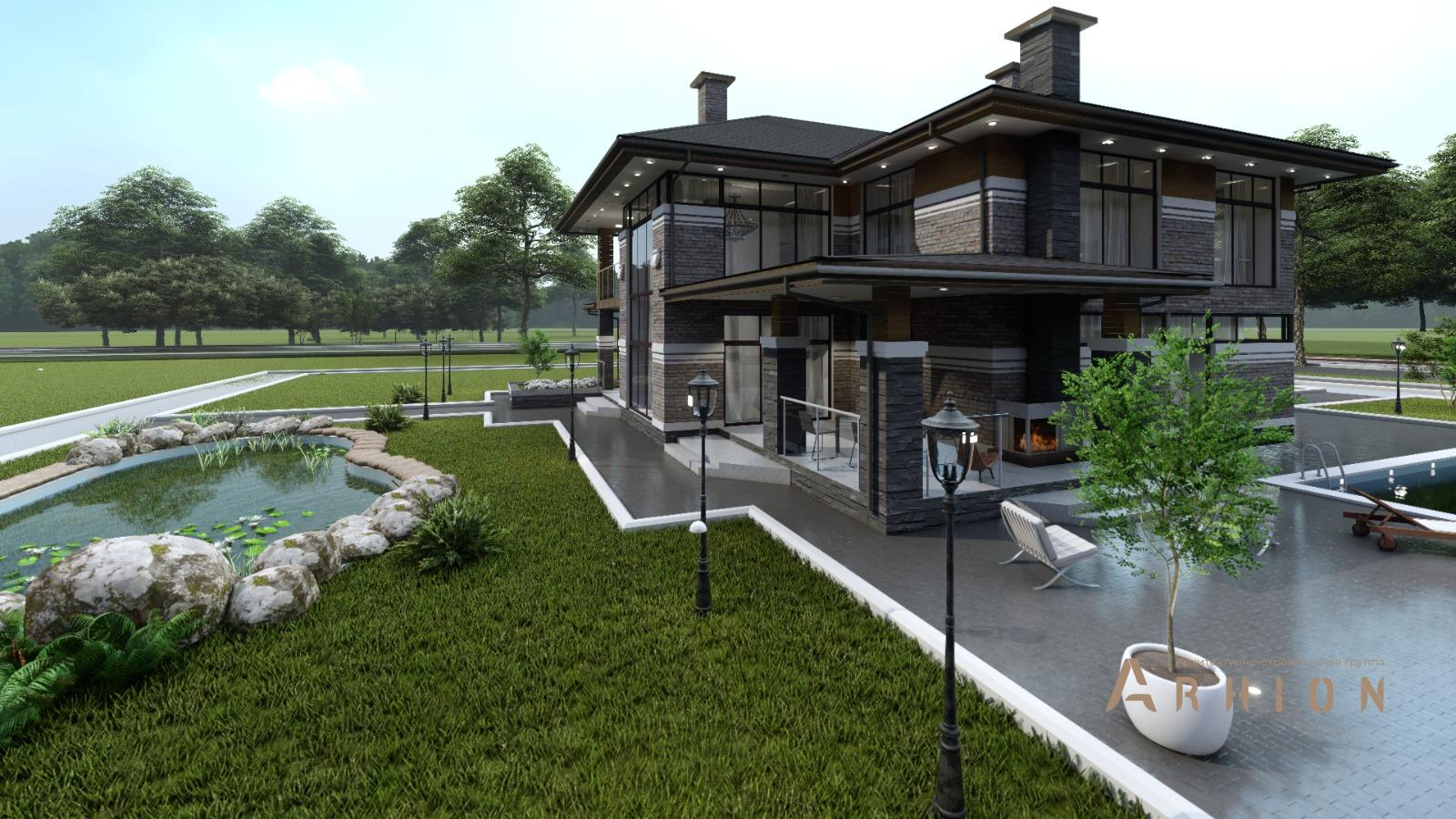 3. Проект двухэтажного дома в стиле Ллойда Райта (прерий) с многоскатной кровлей, H-1516, площадью - 466 кв c цокольным этажом, терассой, балконом, гаражом, вторым светом